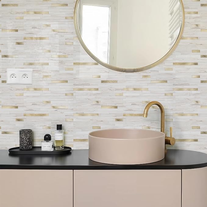 STICKGOO 2 Sheets Peel and Stick Backsplash Tile, Stick on Backsplash for Kitchen and Bathroom, Glossy Eurasian Wood Grain PVC Mixed Metal Gold Self Adhesive Wall Tiles