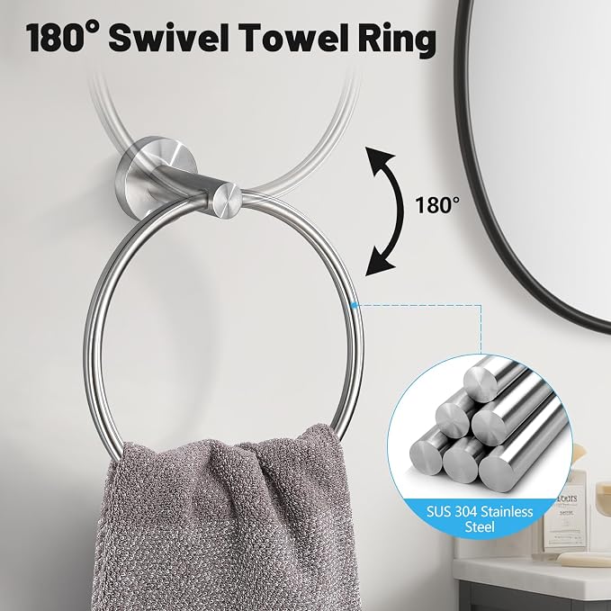 5 Pieces Brushed Nickel Bathroom Hardware Accessories Set SUS304 Stainless Steel Towel Bar Holder Set, 23.6Inch Towel Racks for Bathroom, Robe Towel Hooks, Toilet Paper Holder Wall Mounted
