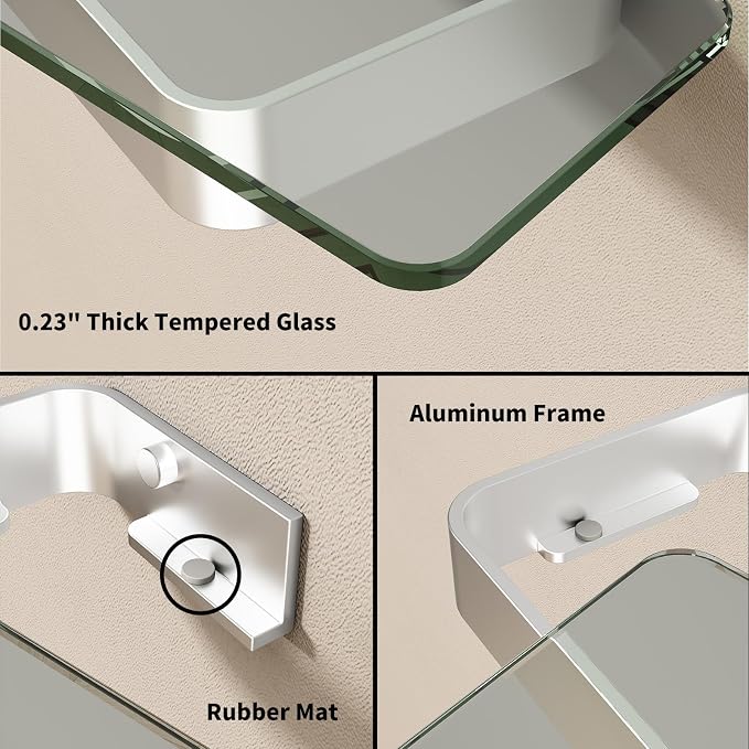8-Inch Small Wall Shelf, Clear Tempered Glass with Matte Silver Aluminum Frame – Sleek Floating Bathroom Organizer