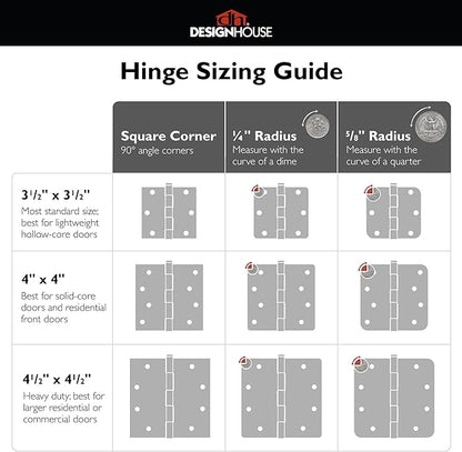 Design House Interior Door Hinges, 3.5 in. x 3.5 in., Rounded, 5/8-in. Radius, Steel, Pre-Lubricated, Door Hardware, Satin Brass, 3-Pack, 181396