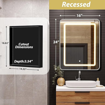 ROOMTEC 16 x 24 Inch Medicine Cabinet Mirror with LED Lights, Silver Bathroom Medicine Cabinet with Mirror and Storage, Recessed or Wall Mount, 3 Color Temperature, Dimmable Light