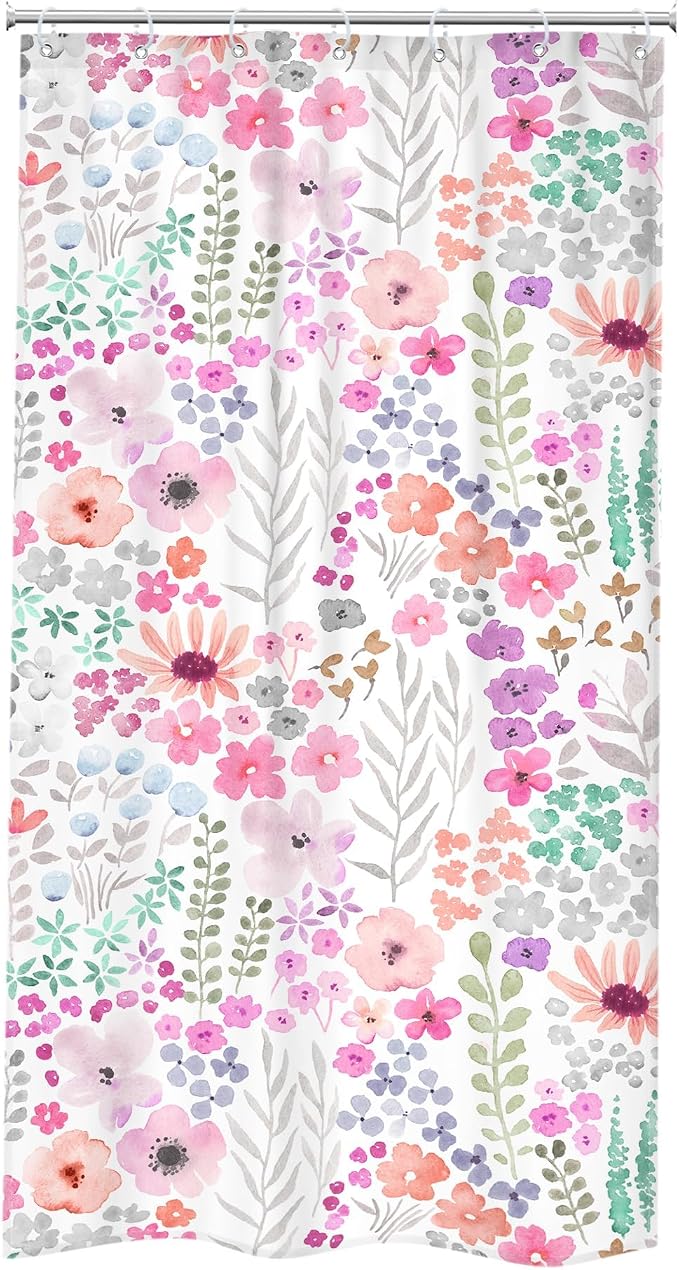 Small Stall Narrow Purple Floral Stand Up Half Bathroom Shower Curtain Set | 72"W x 72"H Single Flowers; waterproof HD print, quick-dry fabric with 12 hooks for easy hanging.