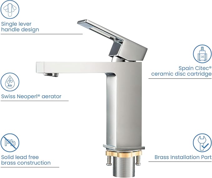 Solid Brass Single Handle Bathroom Sink Faucet with Pop Up Drain, High Arc Cubic Spout Lavatory Faucet | Corrosion-Resistant, Modern Design, Easy to Install (Chrome, KBF1002)