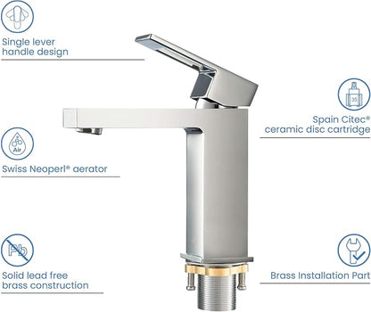 Solid Brass Single Handle Bathroom Sink Faucet with Pop Up Drain, High Arc Cubic Spout Lavatory Faucet | Corrosion-Resistant, Modern Design, Easy to Install (Chrome, KBF1002)