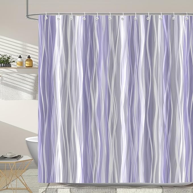 Moonslim Purple Lavender Grey Ombre Shower Curtain, Modern Wavy Abstract Striped Line Bathroom Curtain, Waterproof Fabric Bath Decor, 72 x 72 Inch