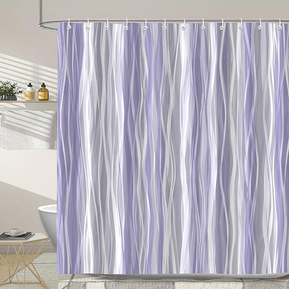 Moonslim Purple Lavender Grey Ombre Shower Curtain, Modern Wavy Abstract Striped Line Bathroom Curtain, Waterproof Fabric Bath Decor, 72 x 72 Inch