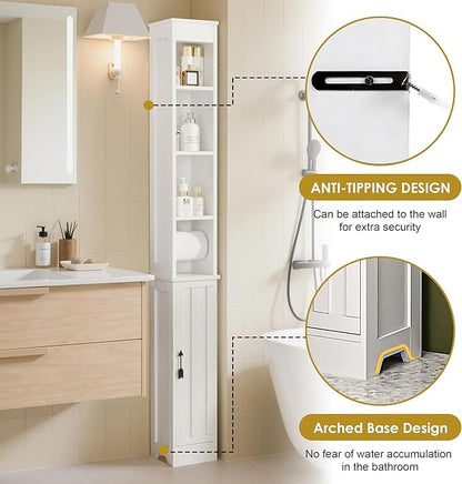 VECELO Storage Cabinet, 71" Tall Narrow Bathroom Cabinet with Adjustable Shelves, Toilet Paper Holder, Magnetic Door, for Small Spaces, Pearl White