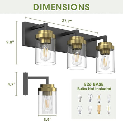 Espird Bathroom Lighting Fixtures, 3-Light Bathroom Vanity Lights Over Mirror, Black and Gold Vanity Light with Glass Shade, Modern Vanity Lighting Fixtures for Bathroom, Bedroom, Hallway