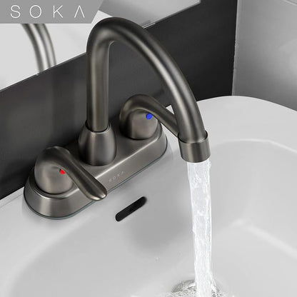 SOKA Two Handles Centerset Bathroom Faucet for Sink High Arc Stainless Steel with Deck Plate & Pop-Up Drain Assembly Fit 3 Hole Installation, Metallic Grey