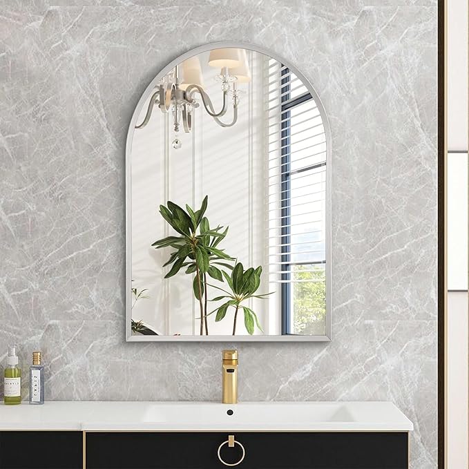 Arched Wall Mirror, 26"x18" Silver Arch Mirror, Metal Frame Bathroom Mirrors, Arched Vanity Mirror for Living Room Bedroom Mantel Entryway