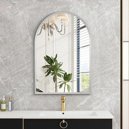 Arched Wall Mirror, 26"x18" Silver Arch Mirror, Metal Frame Bathroom Mirrors, Arched Vanity Mirror for Living Room Bedroom Mantel Entryway