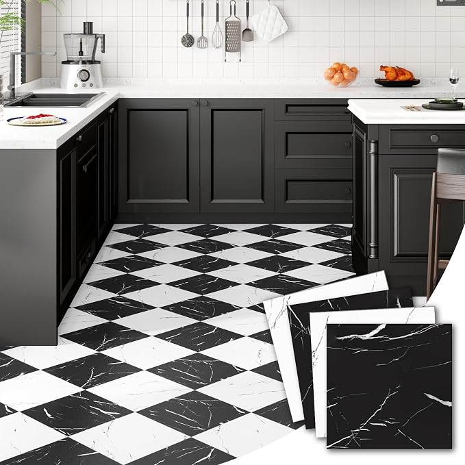 30-Pack 30 Sq.Ft Peel and Stick Floor Tiles Vinyl Matte Pattern Flooring, 12” x 12” Self Adhesive Vinyl Flooring DIY for Kitchen, Bathroom, Laundry, Black&White Marble