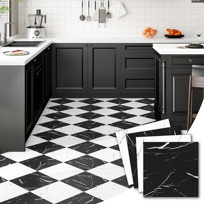 30-Pack 30 Sq.Ft Peel and Stick Floor Tiles Vinyl Matte Pattern Flooring, 12” x 12” Self Adhesive Vinyl Flooring DIY for Kitchen, Bathroom, Laundry, Black&White Marble