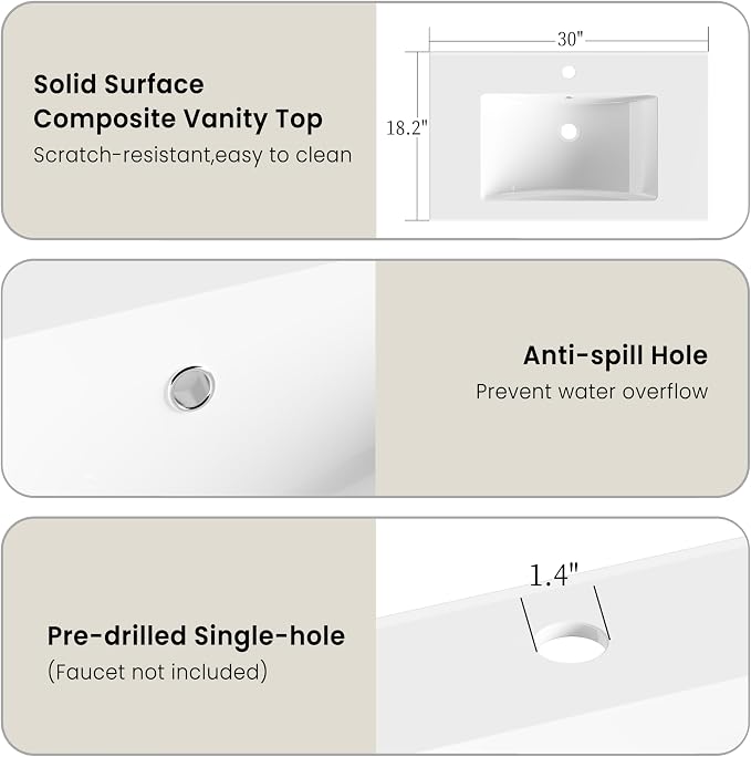 30" White Bathroom Vanity with Integrated Sink Top | Plywood Construction, Soft-Close Doors &Drawers,Modern Shaker Style