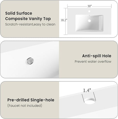 30" White Bathroom Vanity with Integrated Sink Top | Plywood Construction, Soft-Close Doors &Drawers,Modern Shaker Style