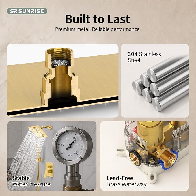 SR SUN RISE Shower System - Shower Faucet Set with 8 Inch Rain Shower Head and Handheld Shower - High Pressure Rain Shower System - All Metal Shower Faucet Trim Repair Kits - Brushed Gold