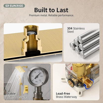 SR SUN RISE Shower System - Shower Faucet Set with 8 Inch Rain Shower Head and Handheld Shower - High Pressure Rain Shower System - All Metal Shower Faucet Trim Repair Kits - Brushed Gold
