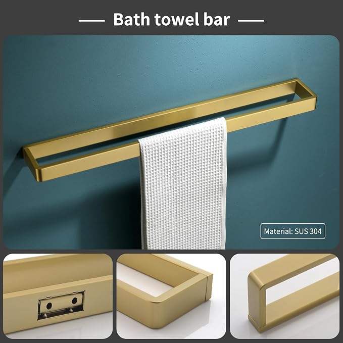Bathroom Hardware Accessories Set Brushed Gold Towel Bar Set Square Bathroom Accessories Kit 4-Piece Towel Holder Set Stainless Steel Wall Mounted,23.6 Inch Towel Bar