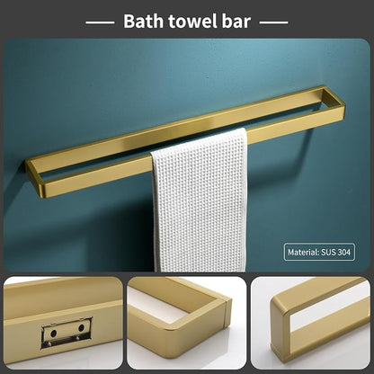 Bathroom Hardware Accessories Set Brushed Gold Towel Bar Set Square Bathroom Accessories Kit 4-Piece Towel Holder Set Stainless Steel Wall Mounted,23.6 Inch Towel Bar