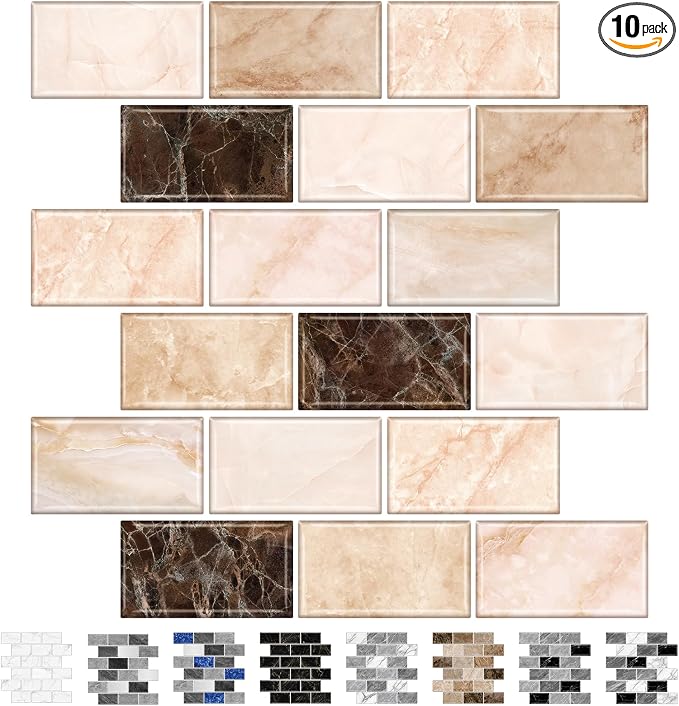 URCOLOR 10-Sheet Peel and Stick Backsplash Subway Tile for Kitchen,12"x12" Self Adhesive Wall Tiles Sticker on Back Splashes for Bathroom Yellow Brown Marble Design