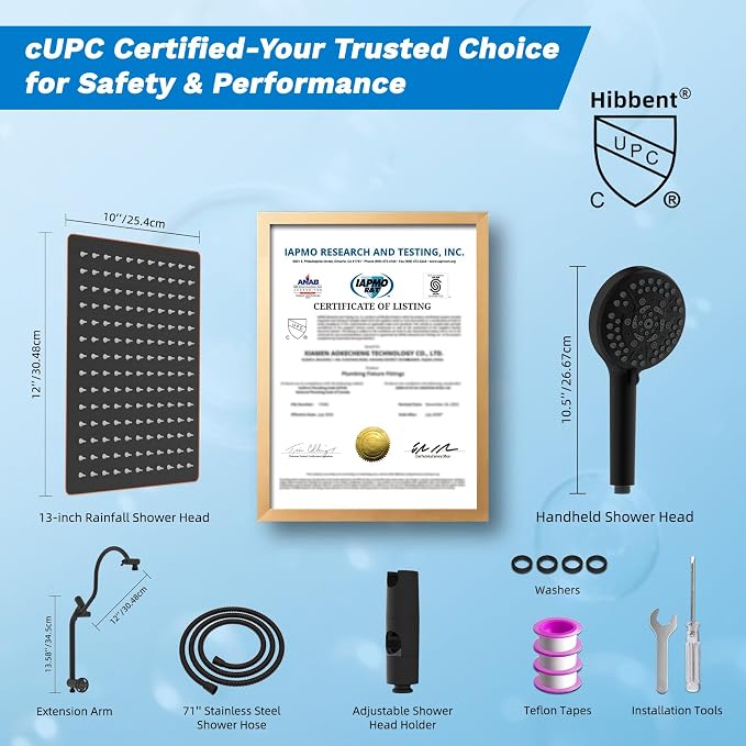Hibbent High Pressue All Metal 12" Rainfall Shower Head, Handheld 10-Spray | cUPC Certified Oil-Rubbed Bronze Dual Showerhead Combo, 4-way Diverter with Pause Mode, Extension Arm, 71'' Hose & Holder