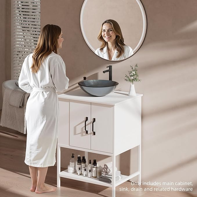 VNN Small Bathroom Vanity with Sink - 24 Inch Vanity with Sink, Freestanding Cabinet with Open Shelf, Modern Iron Wood Bathroom Cabinet with Countertop Tempered Glass Vessel, White