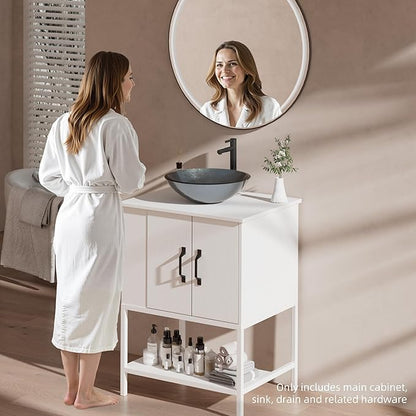 VNN Small Bathroom Vanity with Sink - 24 Inch Vanity with Sink, Freestanding Cabinet with Open Shelf, Modern Iron Wood Bathroom Cabinet with Countertop Tempered Glass Vessel, White