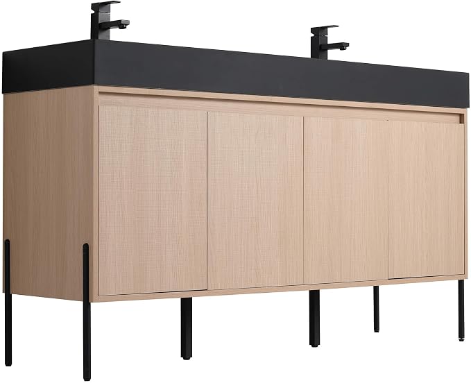 Crownpoint 60 Inch Bathroom Vanity with Sink, Black Double Sink, White Oak Finish, Full Assembly Required, Elegant Bathroom Vanities for Modern Homes
