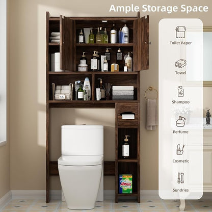 Shintenchi Over the Toilet Storage Cabinet, Bathroom Storage Cabient with Barn Doors, Bathroom Storage Shelf Organizer with Toilet Paper Holder, Adjustable Shelf and Anti-Tip Device, Walnut