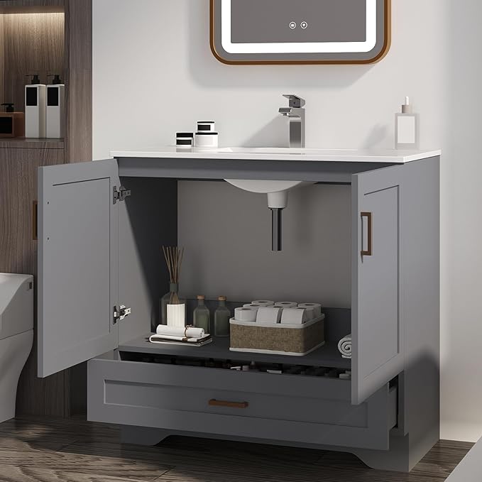 36 inch Bathroom Vanity with Sink, Modern Grey Vanity for Bathroom with Undermount Ceramic Sink, Freestanding 2-Door & 1-Drawer Storage Cabinet, for Small Bathroom Space, (Grey, 36")