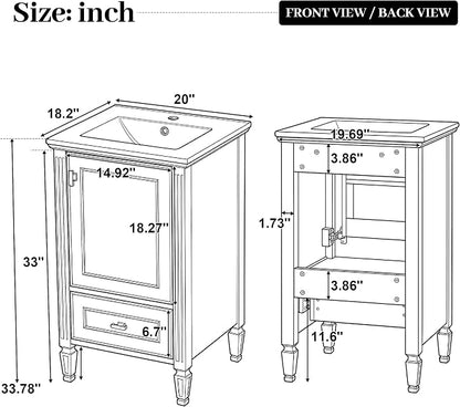 Merax 20 Inch Small Bathroom Vanity with Sink, Vanity Cabinet with Bottom Drawer and Door Rack Organizer, Adjustable Shelf, Grey