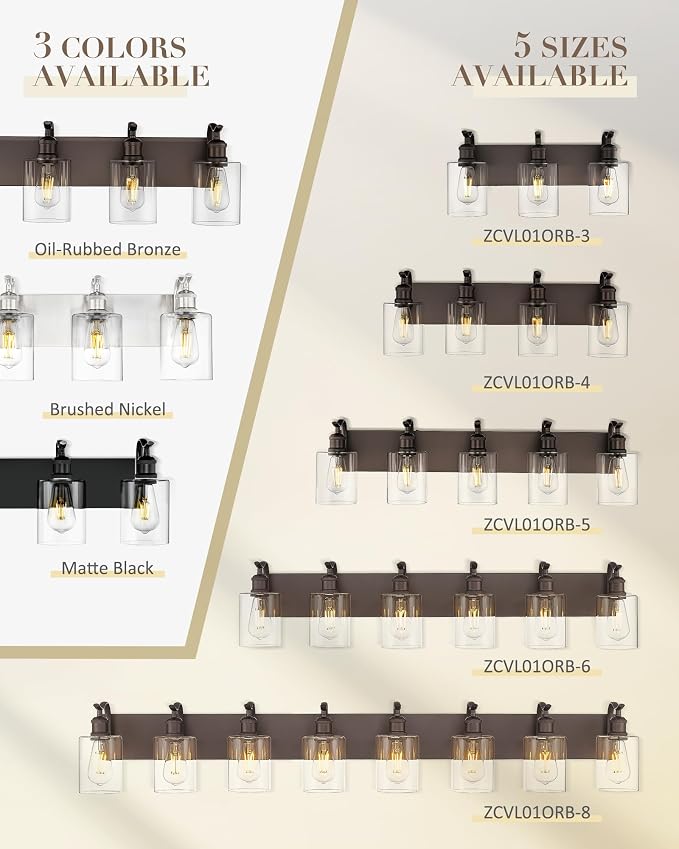 8-Light 56 Inch Bathroom Vanity Light,Clear Glass,Oil Rubbed Bronze | Over Mirror Wall Light,E26 sockets,for bathroom mirror,powder room,dressing area