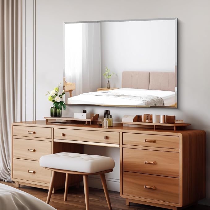 CILIBER Beveled Mirror, 30x40 Large Frameless Bathroom Mirrors for Wall, 3mm Tempered Glass Rectangle Vanity Mirror with Beveled Edge, Crystal-Clear, Hangs Horizontally or Vertically
