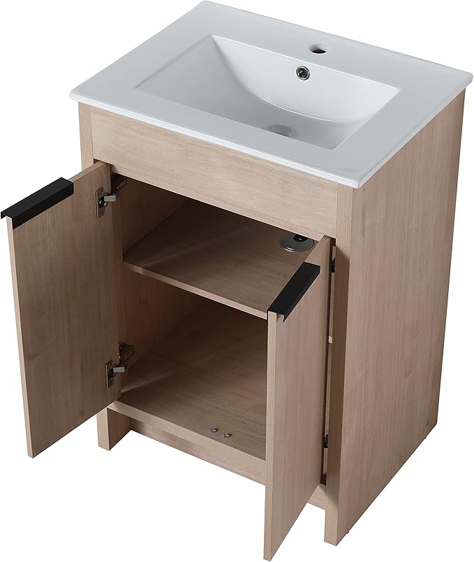 SSLine 24-Inch Bathroom Vanity with Sink Mid-Century Bathroom Vanities with Top Basin Floor Wood Bathroom Sink Cabinet with Soft-Close Doors & Adjustable Storage Shelves (Light Oak)