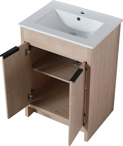 SSLine 24-Inch Bathroom Vanity with Sink Mid-Century Bathroom Vanities with Top Basin Floor Wood Bathroom Sink Cabinet with Soft-Close Doors & Adjustable Storage Shelves (Light Oak)