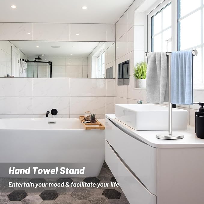VEHHE T-Shape Hand Towel Holder Stand Height Adjustable Non-Slip-Silver | Height Adjustable 13.7"-17.7" | SUS304 Stainless Steel | Tool-Free Assembly | Removable Anti-Slip Knobs | Base 5.5"
