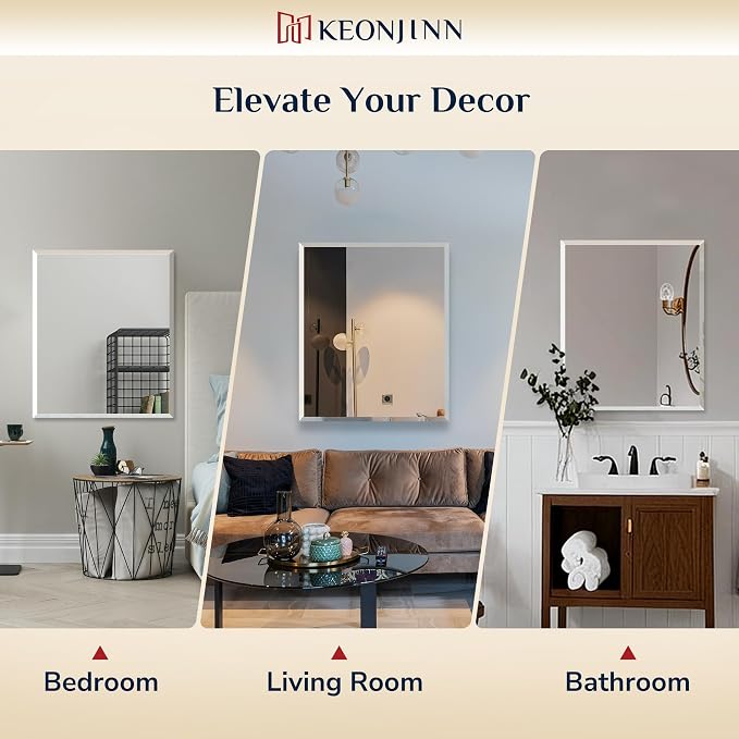 Keonjinn Frameless Bathroom Mirror 24" x 32", Rectangle Mirrors for Wall | Bathroom Vanity Mirror with Beveled Edge, Safety 5mm Temepered Glass, Shatterproof, Modern Decorative for Wall, Living Room