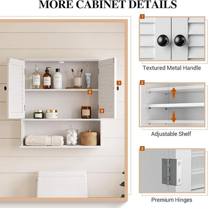 Bathroom Wall Cabinet with Adjustable Shelf, White 25" x 24" Medicine Cabinet with Louvered Doors, Over Toilet Storage Cabinet, Wall Mounted Bathroom Organizer for Bathroom, Laundry Room