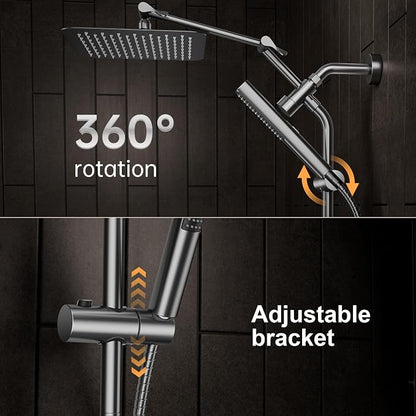 Veken All Metal 10" Luxurious Gray Rain Shower Heads with Handheld Spray | Dual High Pressure Shower Head,Square Detachable Rainfall Showerhead with Extension Arm,Regaderas Para Shower,Ducha Para Baño