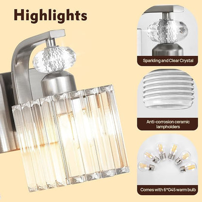 Modern Bathroom Vanity Light, 6-Light Nickel Bathroom Lighting Fixtures Over Mirror, 44.1" Crystal Wall Light Sconce for Bathroom/Bedroom/Vanity, Includes LED Bulbs, Easy Installation