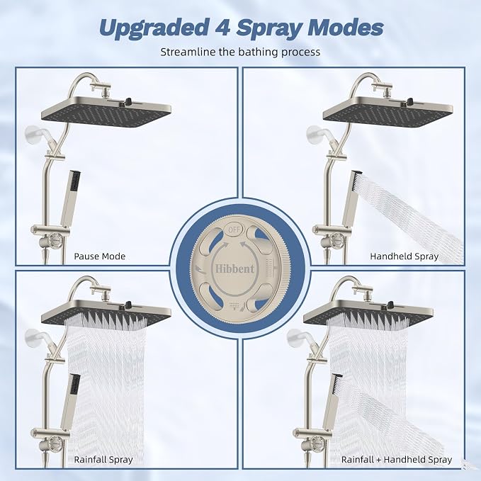 Hibbent 5-Mode 13" Rain Shower head, 4-Mode Handheld Shower, Brushed Nickel | cUPC Certified High Pressure Showerhead Combo, All Metal 4-way Diverter Extension Arm & Handheld Spray, 71'' Hose & Holder