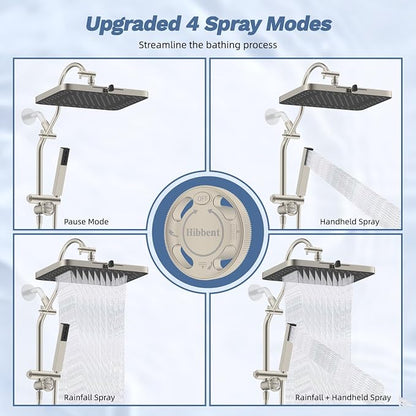 Hibbent 5-Mode 13" Rain Shower head, 4-Mode Handheld Shower, Brushed Nickel | cUPC Certified High Pressure Showerhead Combo, All Metal 4-way Diverter Extension Arm & Handheld Spray, 71'' Hose & Holder