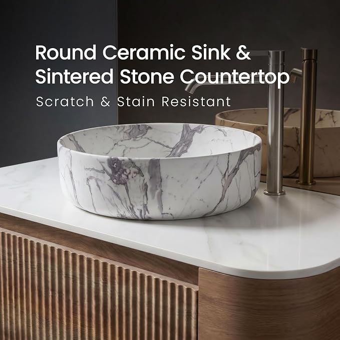 36" Preassembled Floating Bathroom Vanity with Carrara Finish Sink, Oak | Mid-Century Modern Style, Fluted & Soft-Close Drawer with U-shaped Wall, Sinterted Stone Countertop, Towel Rack Included