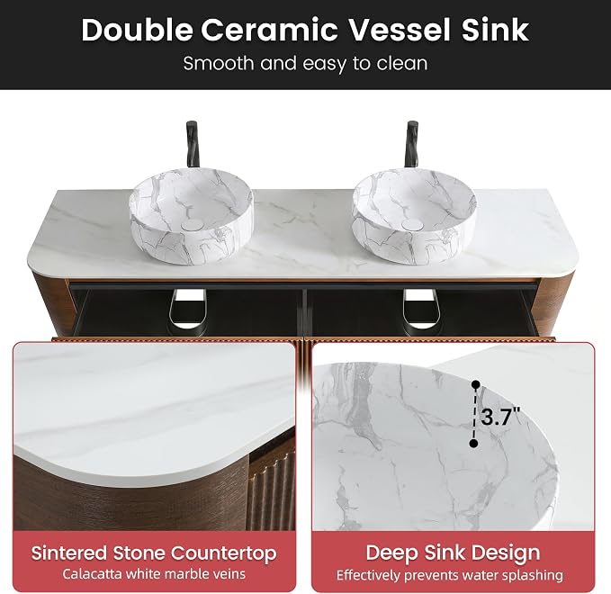 72" Floating Bathroom Vanity with Carrara Finish Sink, Walnut | Pre-Assembled Fluted Wall Mounted Double Sink Vanity with Sintered Stone Countertop, Soft-Close Drawers & Towel Rack