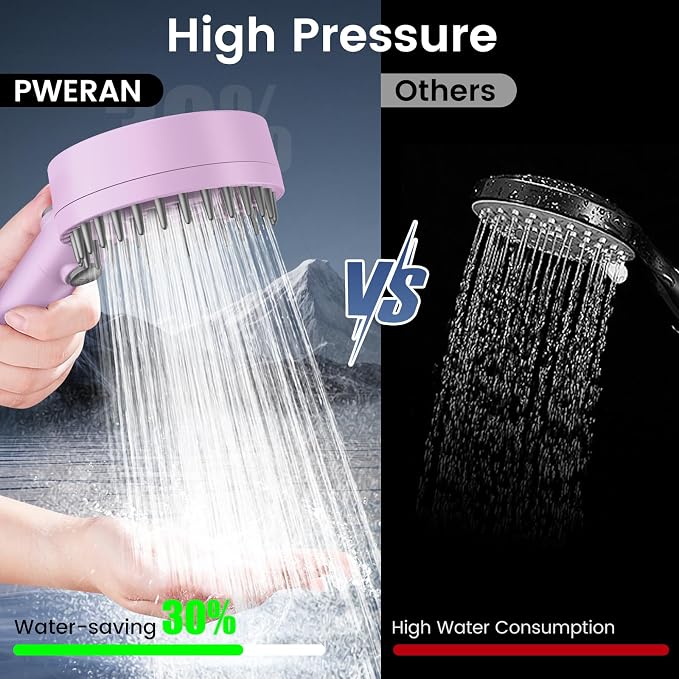 Filtered Shower Head with Handheld, High Pressure Showerhead with Filters | 4 Spray, ON/OFF Button for Pets, Detachable Shower Heads with Water Softener Filter Beads for Hard Water- Remove Chlorine