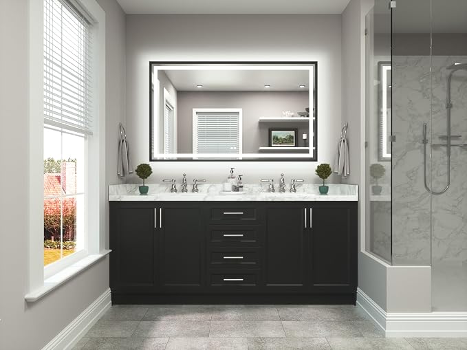 60 x 36 Large Bathroom Mirror Brushed Black Metal Frame Frontlit & Backlit Vanity Mirror 3 Colors White/Warm/Natural Stepless Dimmable Anti-Fog Bathroom Mirrors for Vanity Wall-Mounted