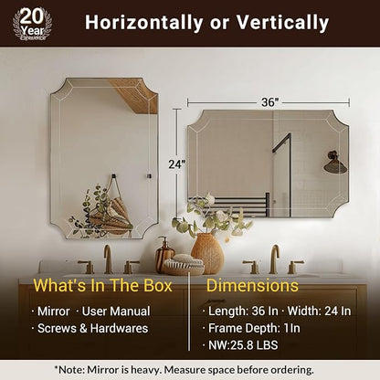24x36 Scalloped Mirror, Gold Rectangle Wall Mirror with Scallop Corner, Non-Rusting Vanity Mirror with Curved Cutouts Hangs Horizontal & Vertical