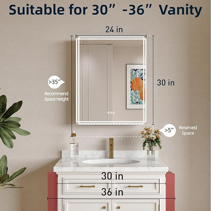 Buruis 24'' x 30'' Medicine Cabinet with Lights and Mirrors, Recessed or Wall Mounted Modern Bathroom Cabinet with 3-Mode Light, Anti-Fog, Dimmable, Memory Function, Outlet, Silver
