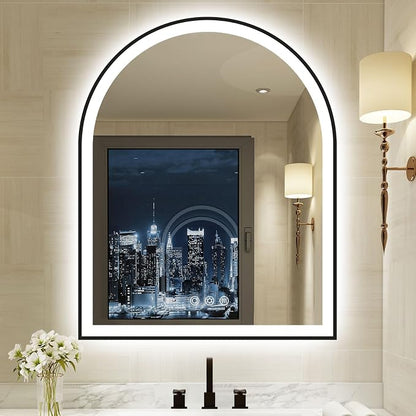 30.1"x36.1" Arched LED Lighted Bathroom Mirror with Lights | Black Aluminum Frame, Fogless, Dimmable, Shatterproof, Touch Sensor, 3 Color Changing