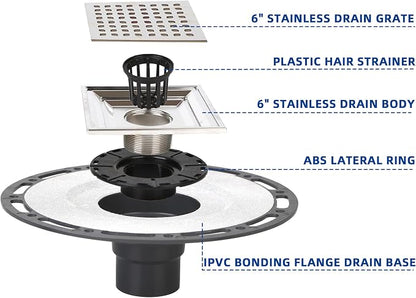 4-Inch Square Shower Drain Kit with Bonding Flange, Brushed Silver | Removable 304 stainless steel grate with hair strainer; fits 2- and 3-inch pipes for tiled shower floors and wet areas